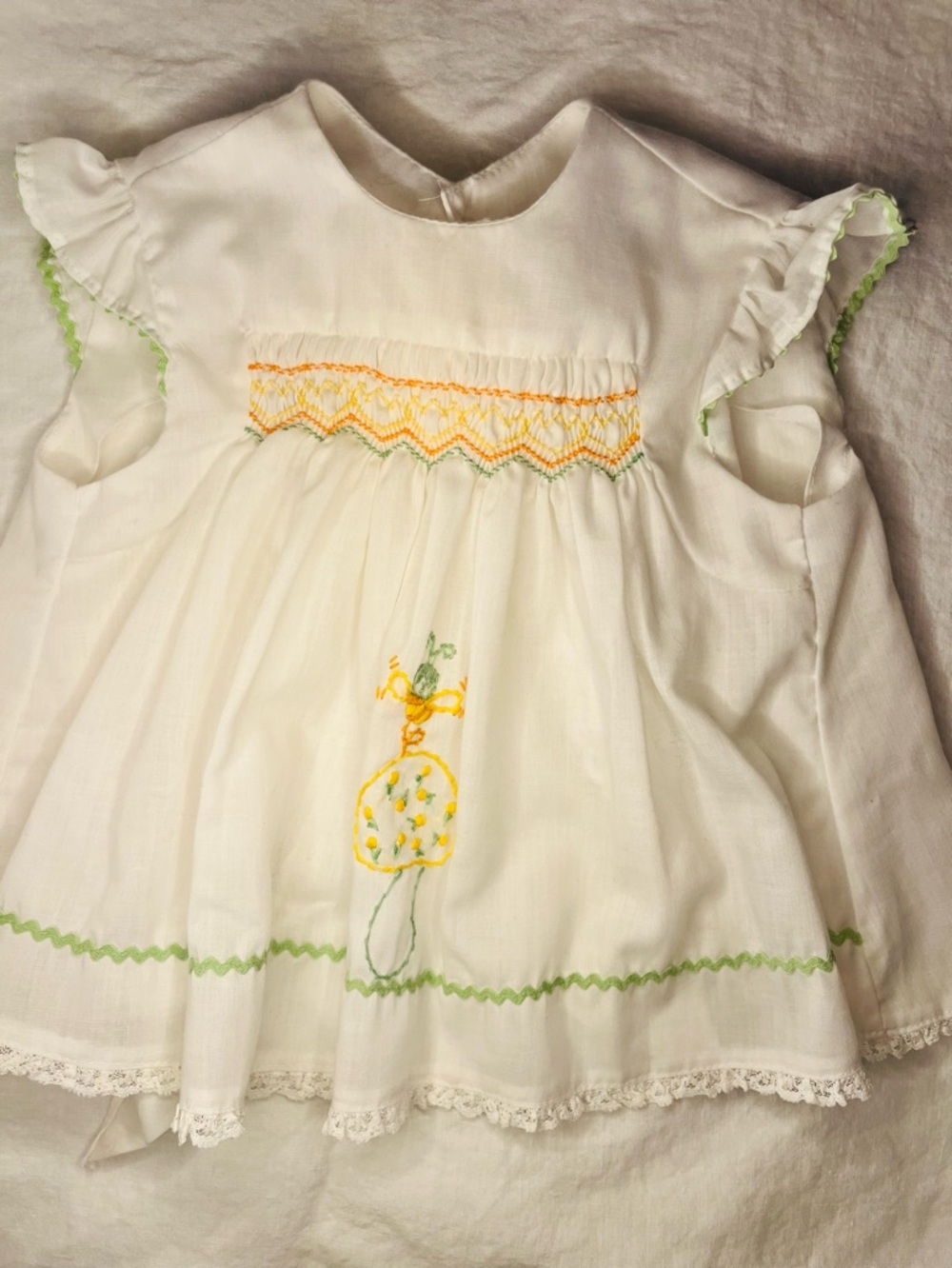 Vintage Polly Flinders Hand Smocked White Baby Dress with Embroidery 3-9 M